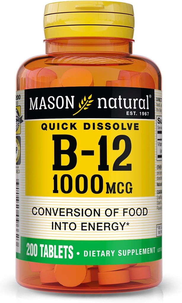 MASON NATURAL B12 1000 mcg Mesas rápidas para la conversión saludable de alimentos en energía, 200 Day Supply