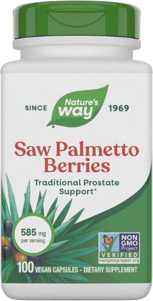 Nature's Way Saw Palmetto Berries, Traditional Prostate Support*, 585 mg por por porción, Non-GMO Project Verified, Vegan, 100 cápsulas (Packaging May Vary)
