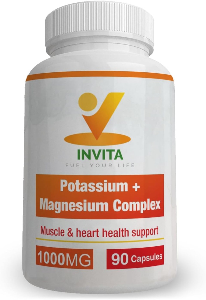 Complejo de magnesio de Potasio de Invitación 1000 MG para soporte de musculoso I (90 cápsulas) - Potasio de alta absorción Aspartato con óxido de magnesio Gluconato de glucocinato