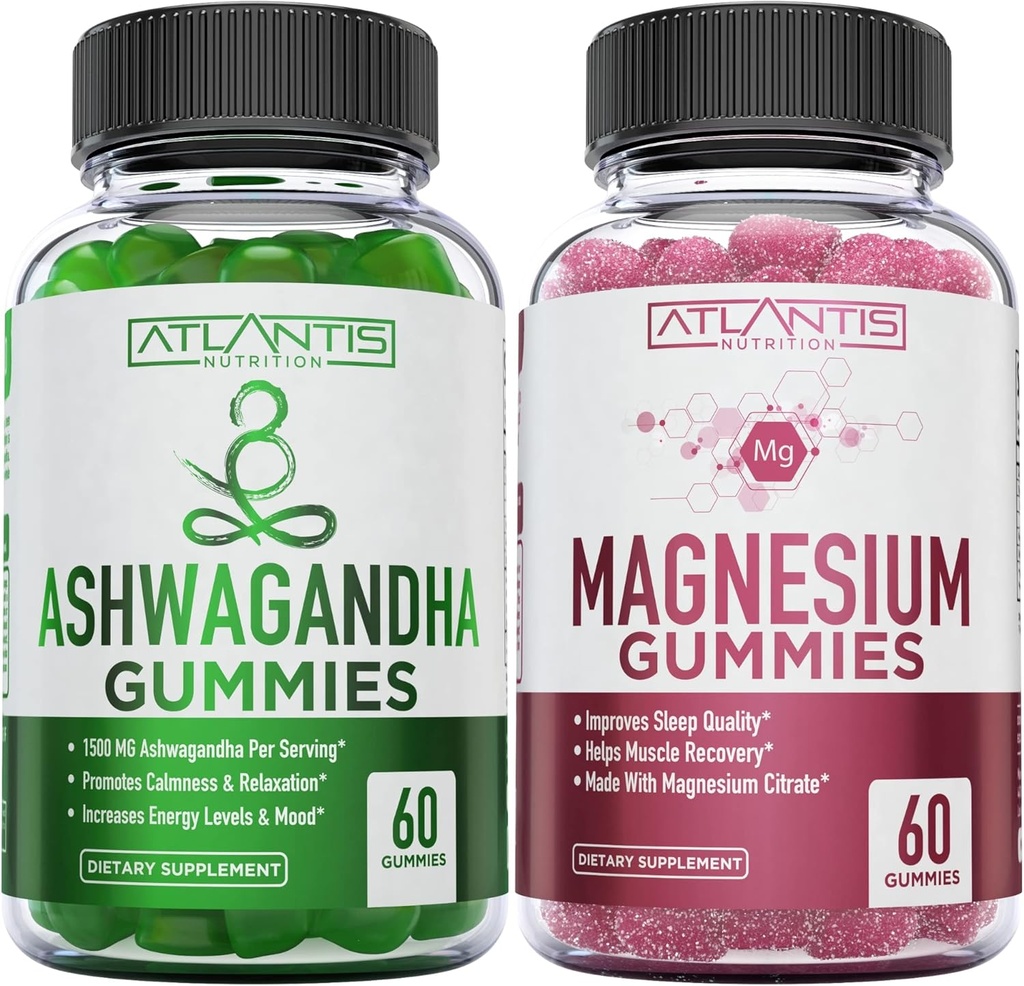 Ashwagandha & Magnesium Gummies para mejorar el sueño y reforzar las funciones del cuerpo. Ashwagandha Boosts Mood & Energy - Magnesium Ayuda a recuperar músculos ' Reslieves Cramps - Vegan