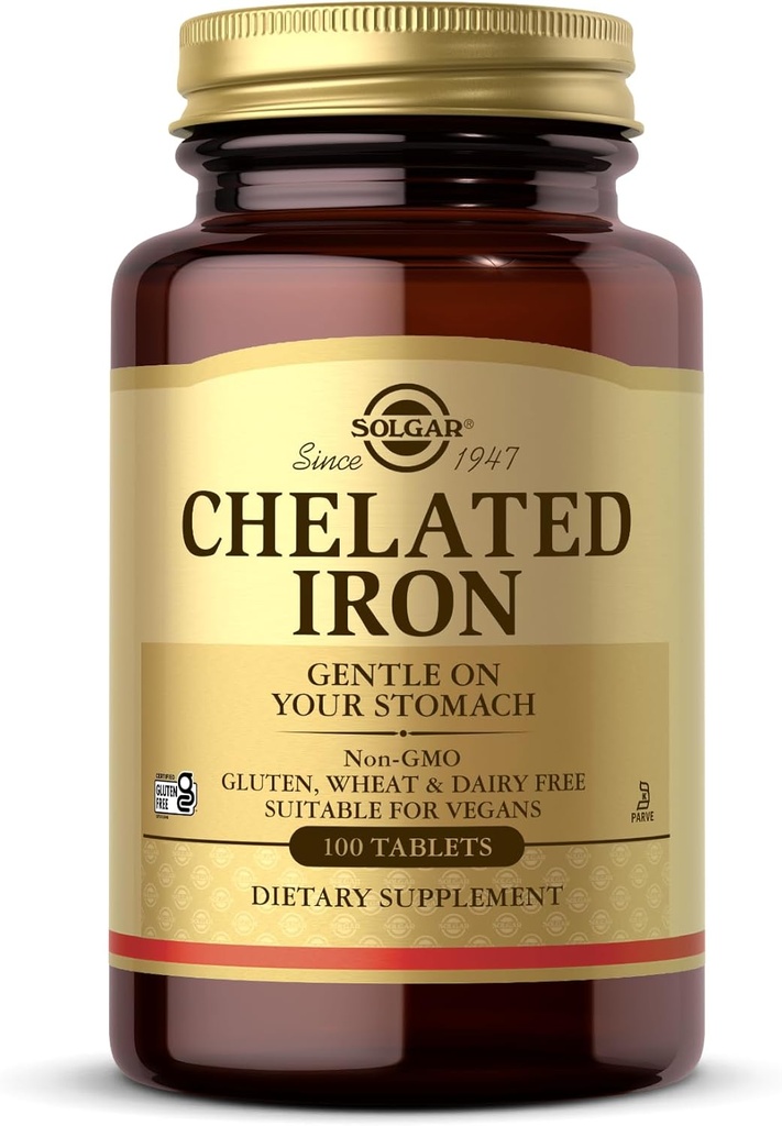 Solgar Hierro Chelated - 100 Tablets - Gentle on Your Stomach - Non-GMO, Vegan, Gluten Free, Dairy Free, Kosher - 100 Servings