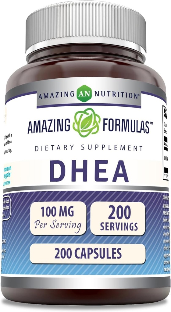 Fórmulas asombrosas DHEA 100 mg Capsules Silenciosos Suplemento No-GMO TENIDO Gluten Gratis Silencio Made in USA (1 Pack, 200 Count)