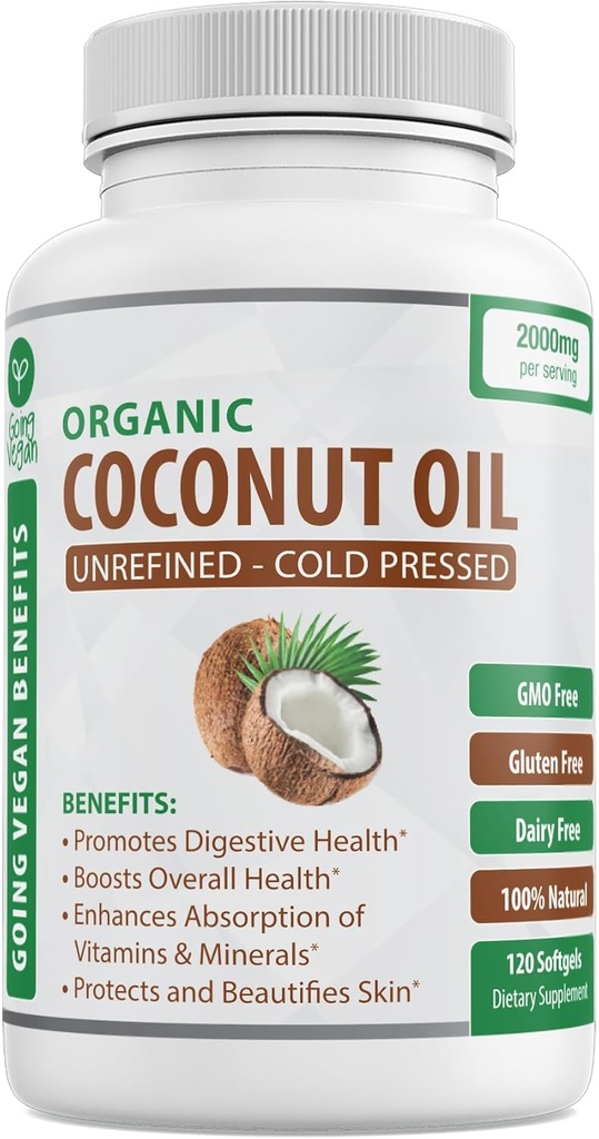 Ecologic Coconut Oil Capsules 2000mg - 100% Extra Virgin, Cold Presionado para la piel sana, crecimiento extra del cabello, cuidado de uñas, cerebro de botadura - 120 Softgels - Puro sin refinar ' No GMO Píldoras - Rico en MCT
