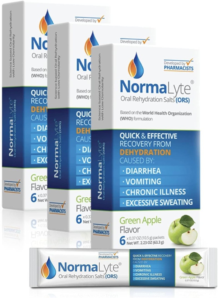 NormaLyte Oral Rehydration Salts-18 Sticks Packs (Yields 500mL per Pack)-Apple durable Energy Supplements, Potassium Supplement, Dehydration Recovery