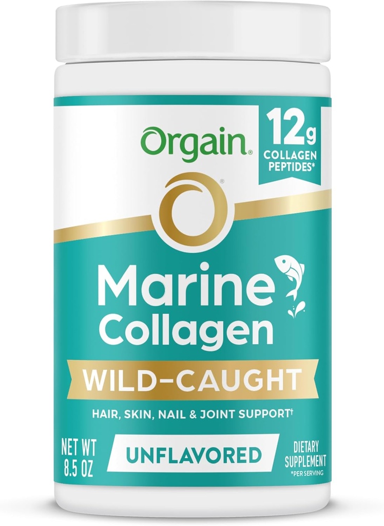 Orgain Wild-Caught Marine Collagen Peptides Powder for Women & Hombres, Hair, Skin, Nail & Joint Support Suplemento, 12g Collagen Por Serving, Pescatarian & Paleo, Non-GMO, Unflavored, Tipo I ' III, 8.5oz