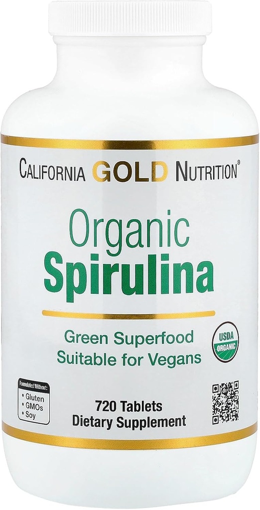 California Gold Nutrition Certified Organic Spirulina, USP Verified, USDA Organic, Non-GMO, 500 mg, 720 Tablets vegetarianos