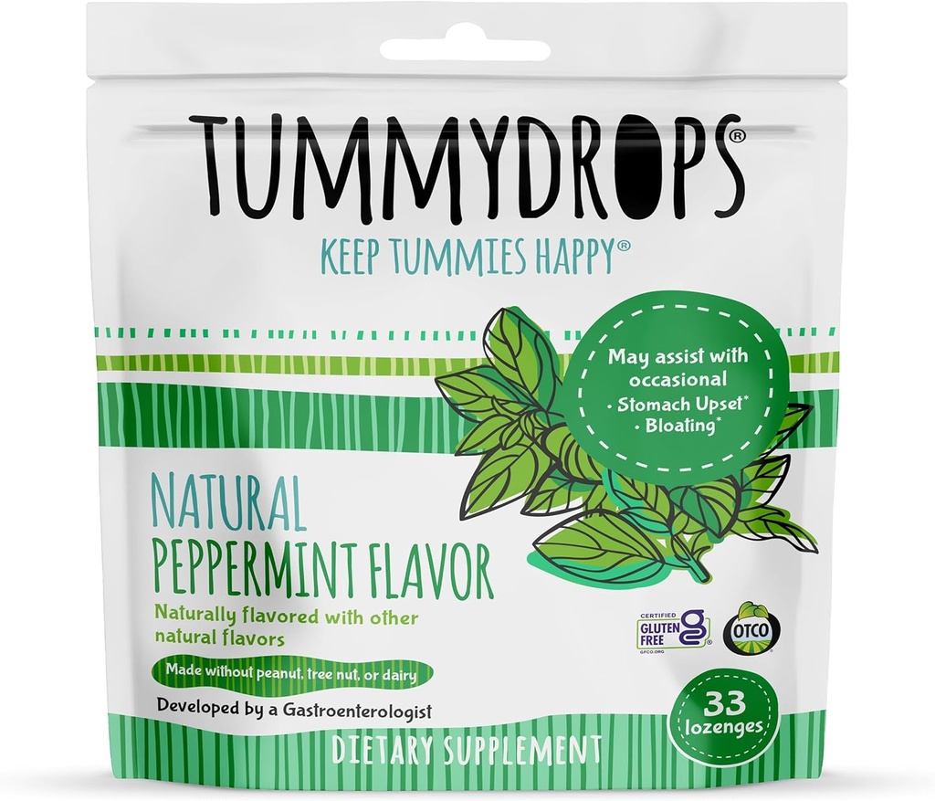 [BRSWIZQLBN6GI2TY] Tummydrops, Natural Peppermint, Gluten Free & Vegan, 33 Individualmente Wrapped Pure Peppermint Oil Lozenges Made with Organic Ingredients