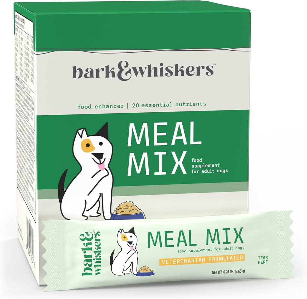 Dr. Mercola Bark " Whiskers Meal Mix for Adult Dogs, 8.09 Oz. (229.5 g), 30 Packets, Ofertas 20 Nutrientes Esenciales, Promueve Salud Digestiva, Fórmula Veterinaria, No GMO