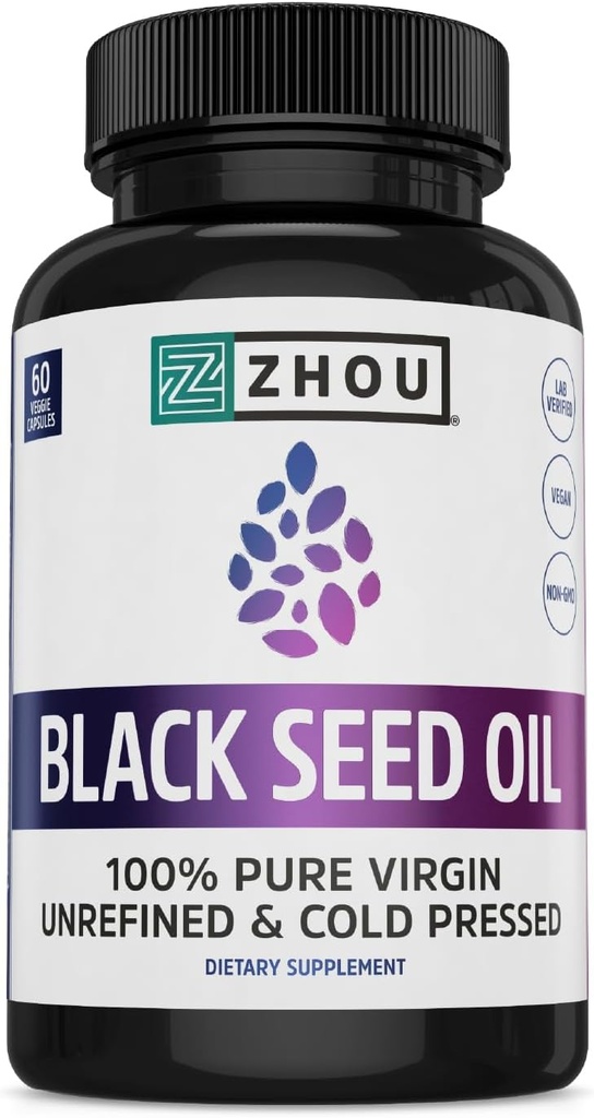 Zhou Black Seed Oil Capsules - Black Cumin Seed Oil Cold Presionado, Nigella Sativa, Pure Unrefined Blackseed, Suplemento Premium para la Salud, Hair & Skin w/ Thymoquinone - 60 cápsulas (Pack of 1)