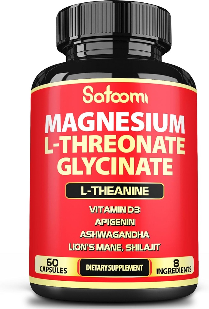 Satoomi 8in1 Magnesium L-Threonate y Glycinate - Plus Ashwagandha, L-Theanine, Lions Mane Vitamin D3 y Más - Apoya la Salud del Cerebro & Memory - 60 Cuenta