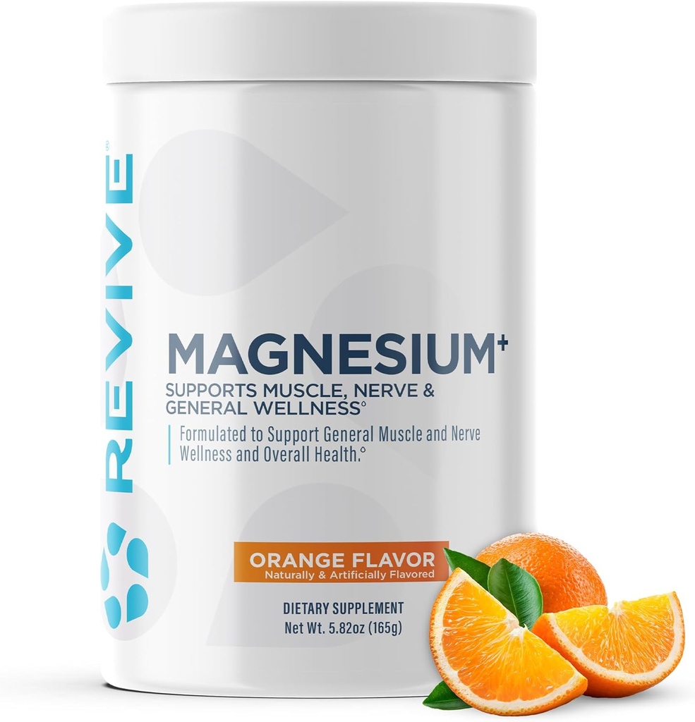 Revive MD Magnesium Powder Supplement - Magnesium Carbonate & Taurate Powder Drink Supports Healthy Bones, Muscles, " Nerves - Vegan-Friendly, Gluten-Free " Soy-Free - 30 Servings, Orange