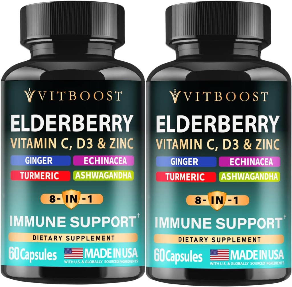 Elderberry Immune Support Supplement 8-in-1 Formula with Echinacea, Vitamina C & Zinc, Vitamina D 5000 UI, Turmeric, Ginger, Ashwagandha – 60 cápsulas (Pack of 2)