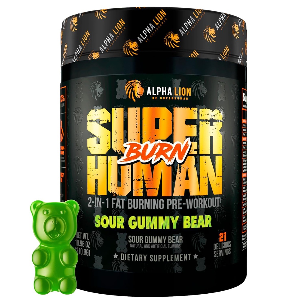ALPHA LION Superhuman Burn – 2 en 1 Metabolism Booster Pre Workout y Thermogenic Fat Burner para Hombre – Appetite Suppressant and Weight Loss Suplemento (21 Servings, Sour Gummy Bear)