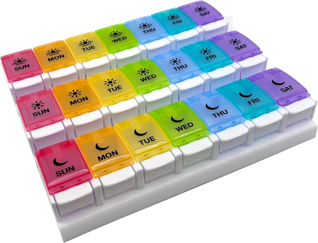 EZY DOSE Caja semanal de píldoras (7 días), Planificador diario de medicina, contenedor de vitaminas, grandes componentes de botón de empuje, fácil de usar, 3 veces al día, diseño abierto de primavera, tapas arco iris, BPA Gratis