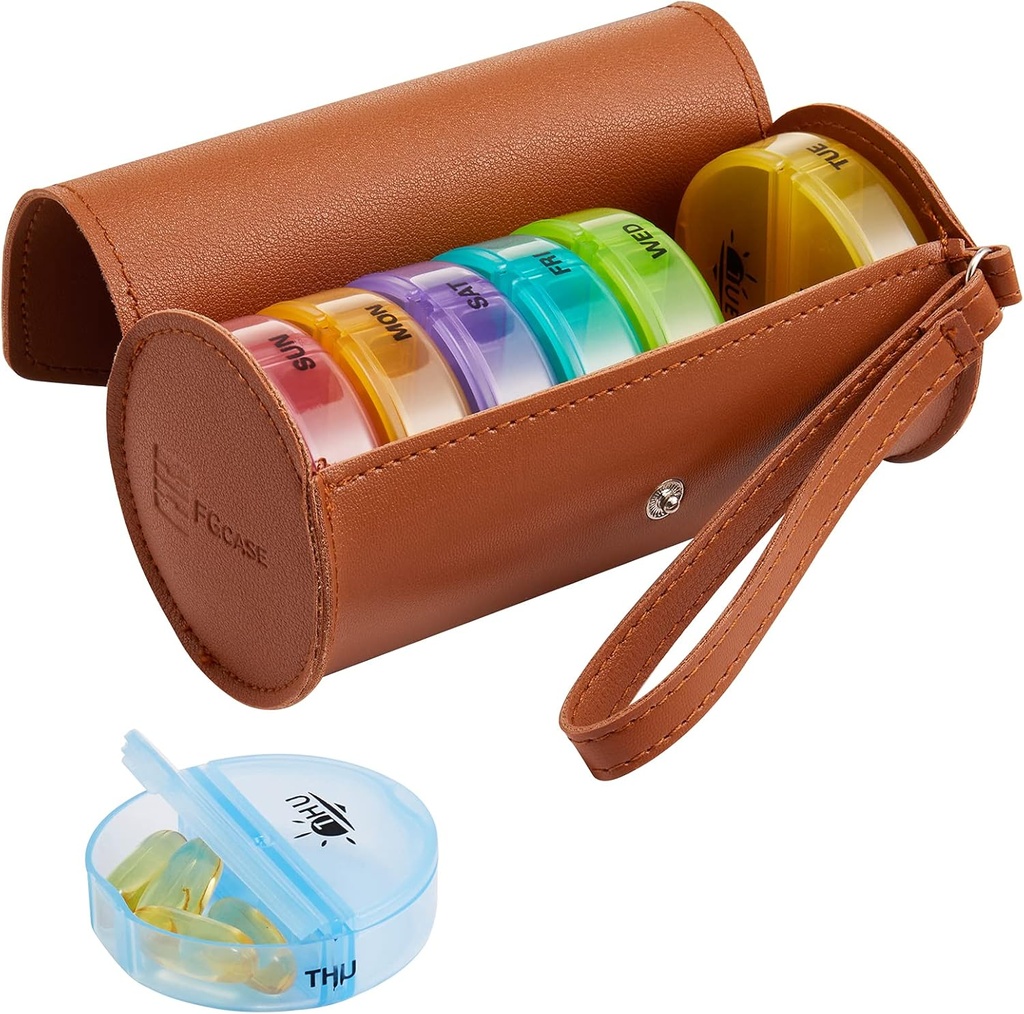 FGcase organizador semanal de píldoras 2 veces al día grande 7 día arco iris Caja de píldoras con caja de cuero PU marrón Contenedor de medicamentos de viaje portátil AM caja de píldoras para vitaminas, aceites de pescado, medicina, suplementos