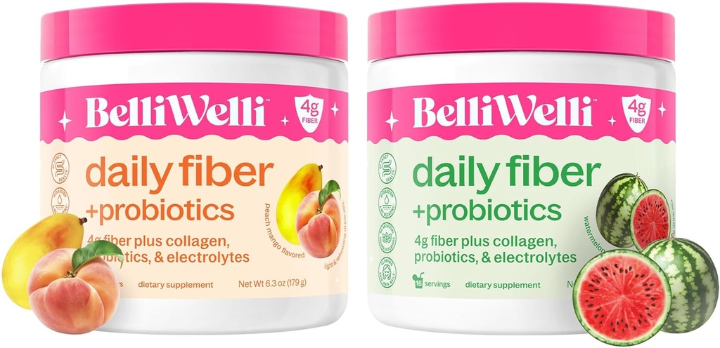 Suplemento de fibra diaria Bundle con Collagen, Probiotics & Electrolytes – Peach Mango & Watermelon Flavors – Apoya la digestión, Gut Balance, Debloating – 32 Servimientos Total