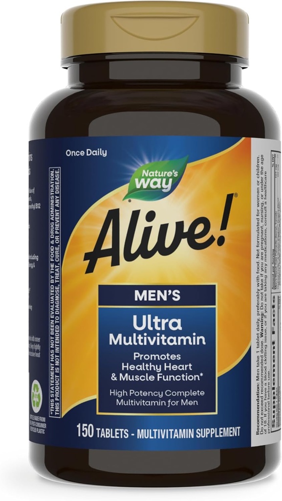 ¡La naturaleza está viva! La fórmula de alta potencia de los hombres ultra multivitamina diaria, promueve la función del corazón y el músculo*, con vitamina metilada B12, sin gluten, 150 tabletas