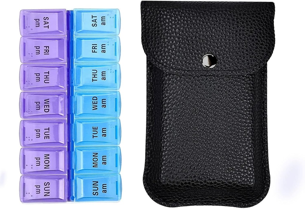 VOFOON Organizador de píldoras de viaje 2 veces al día, PU Caja de píldoras portátiles de cuero para mujeres / hombres, 7 días AM caja de píldoras con píldoras de bolsillo de viaje Organizador de medicamentos para vitaminas Medicina suplementos de aceites de pescado (pequeña)