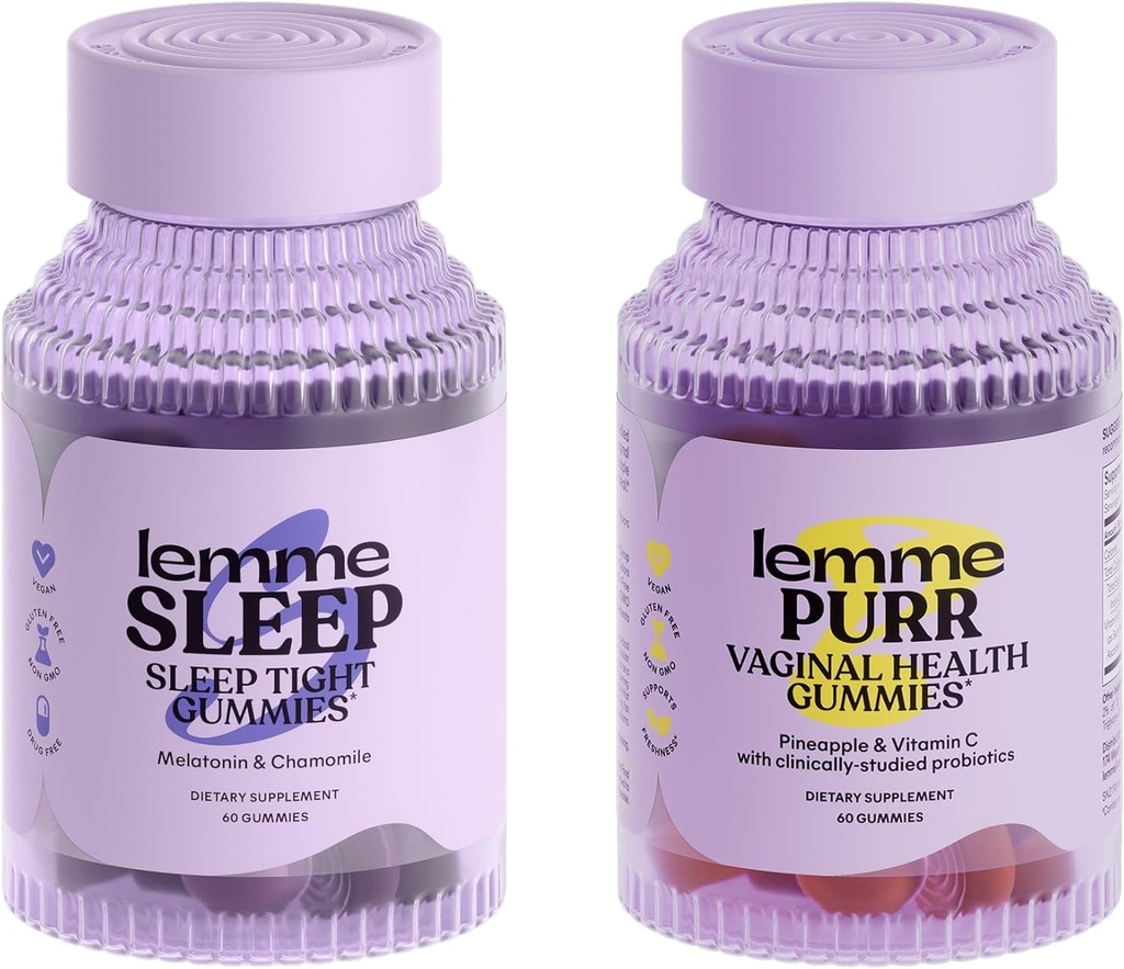 Lemme Sleep & Purr Bundle - Sleep Gummies, a Drug-Free Nighttime Aid & Purr Vaginal Probiotic Gummies for Women - Gluten Free, Gelatin Free, Non-GMO - 60 Cuenta cada uno