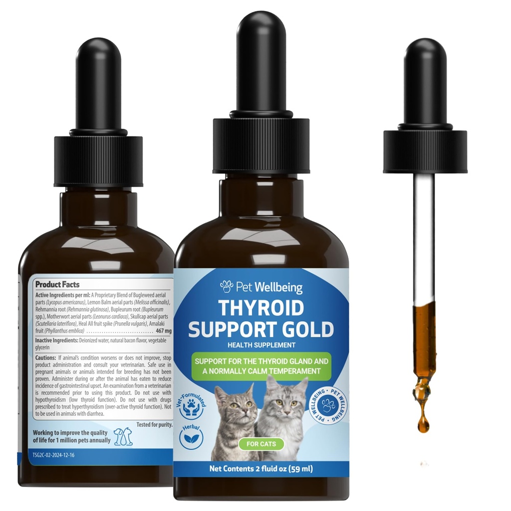 Pet Wellbeing Thyroid Support Gold for Cats - Holistic Thyroid Balance with Bugleweed & Lemon Balm, Feline Metabolic Health Supplement - NASC Certified & Vet-Formulated - 2 oz Liquid Formula