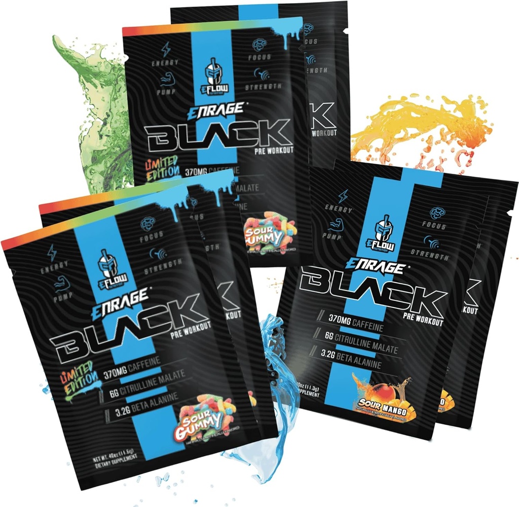 eFlow Nutrition ENRAGE Black Preworkout Sample Packs - Travel Packs - High Stim Energy, Pump, Strength, Endurance, Focus, Nootropic Formula - Sour Gummy & Sour Mango Flavor (6 paquetes)