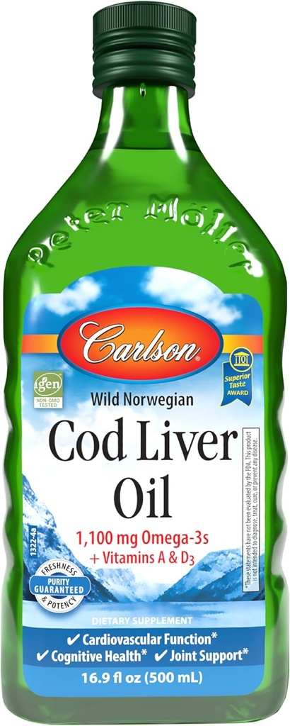 Carlson - Cod Liver Oil, 1100 mg Omega-3, Wild-Caught Norwegian Arctic Cod-Liver Oil, Sustentably Sourced Nordic Fish Oil Liquid, Unflavored, 500 ml (16.9 Fl Oz)