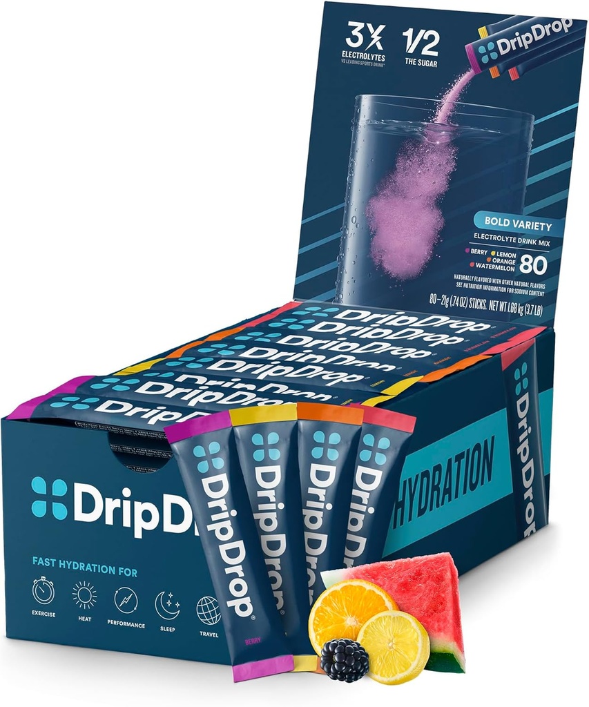 DripDrop Hydration Packets - Bold Variety Pack - Single Serve Electrolytes Powder Drink Mix - Watermelon, Berry, Lemon, Orange - Non-GMO, Gluten Free, Vegan - 80 Sticks