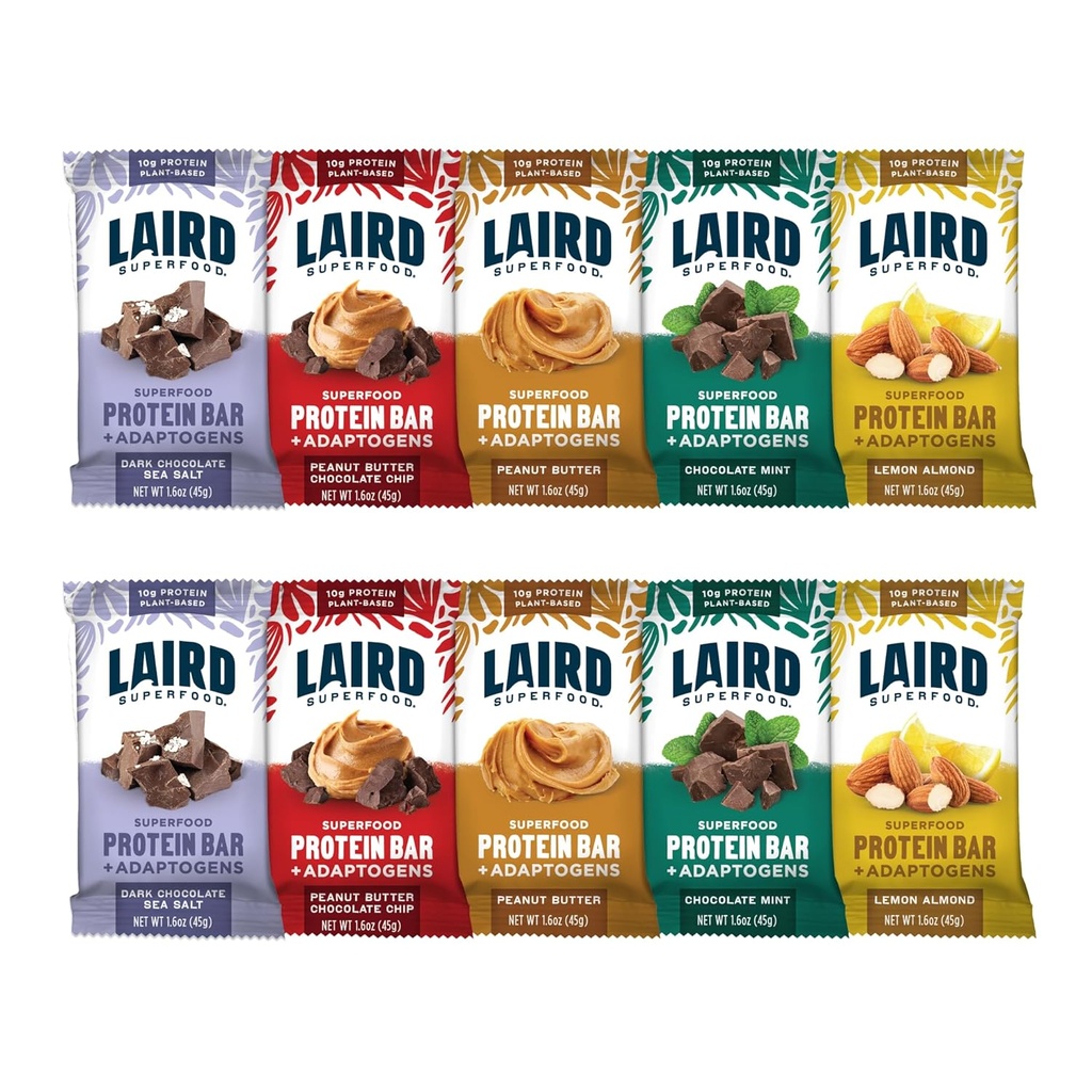 Barras de Proteína Funcional Superalimentaria Laird – Bar Proteína Proteína pero Mejor con Ingredientes Reales, Mushrooms Funcionales 10g Proteína de Base Planta, 6g Fibra - No GMO - 5 Paquete de Variedad Flavor, 10 Conde (Pack of 1)