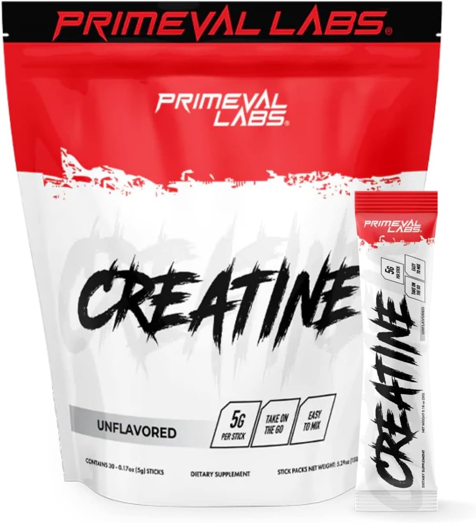 Primeval Labs Creatine Monohydrate Powder ← En The Go Stick Packs ¦ Micronized Creatine tención Instantized Creatine ← Creatine for Men & Women ← 5g Creatine per Serving  30 Servings, (Unflavored)