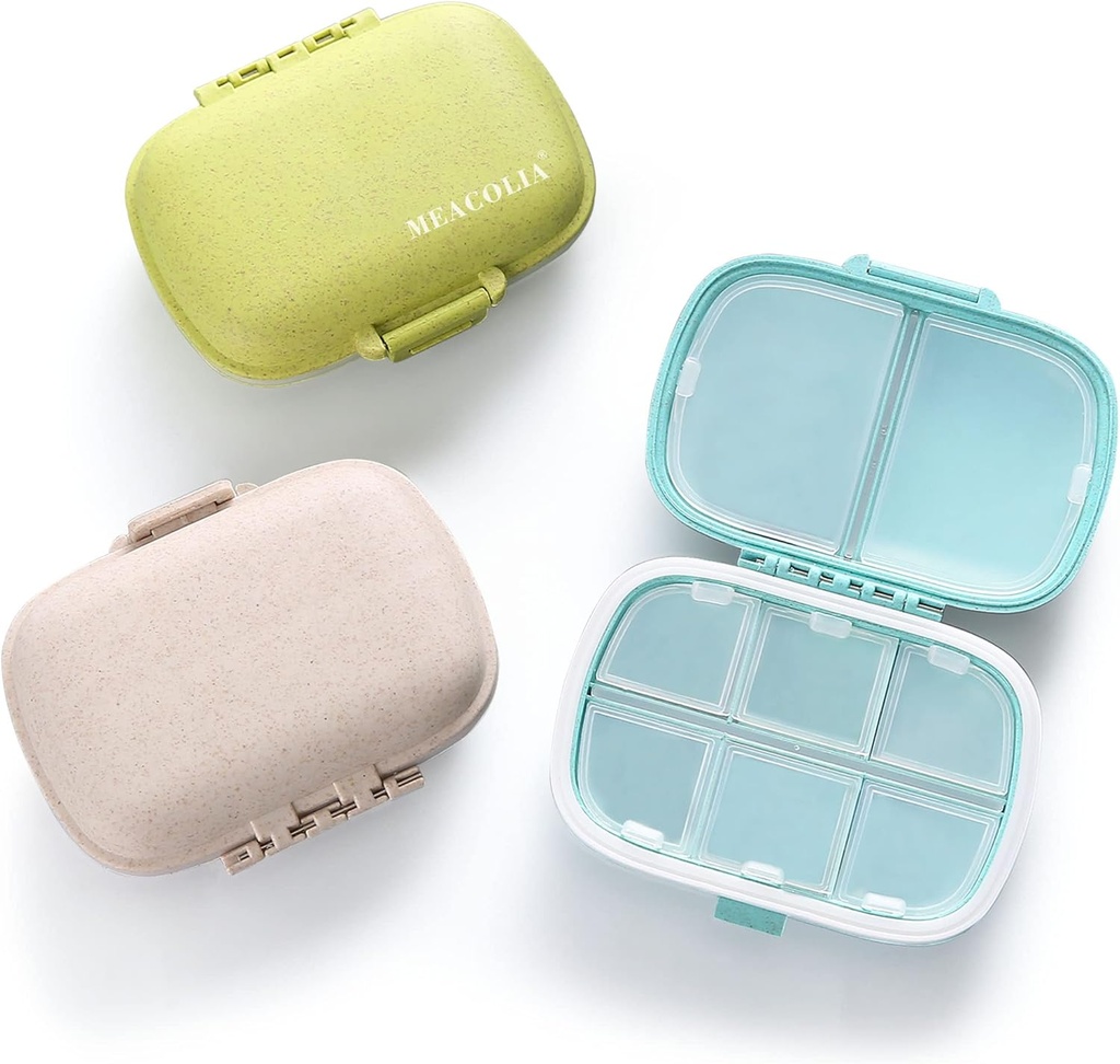MEACOLIA 3 Pack 8 Compartimientos Organizador de píldoras de viaje, Caja de Píldora Pequeña Caja de Píldora para Púrpura de Bolsillo, Contenedor de Píldora Portátil
