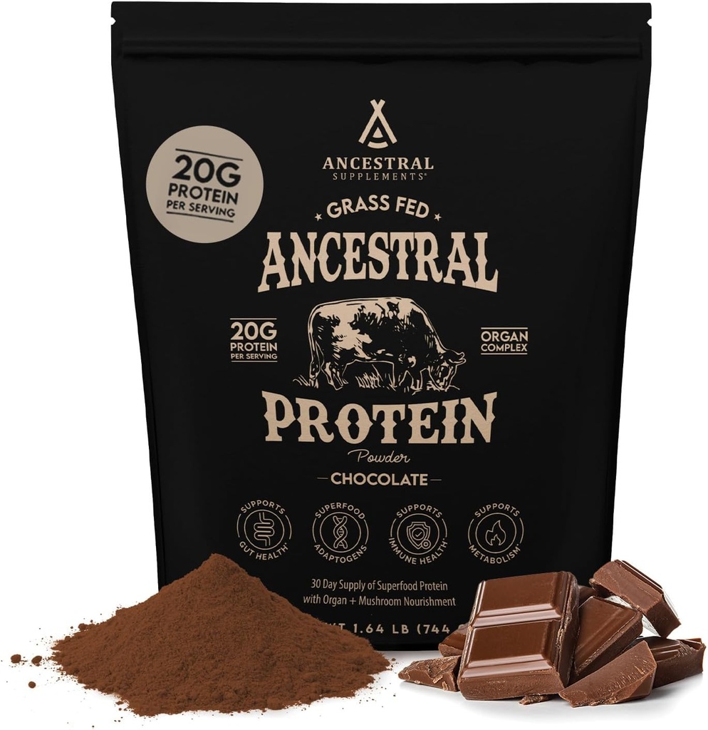 Suplementos ancestrales Grass Fed Protein Powder, Chocolate, Beef Bone Broth Based w / Órganos de carne " Setas orgánicas, Apoyo a la Salud Gut, Suplemento de alta proteína, 20g Proteína por servicio, 30 días de suministro