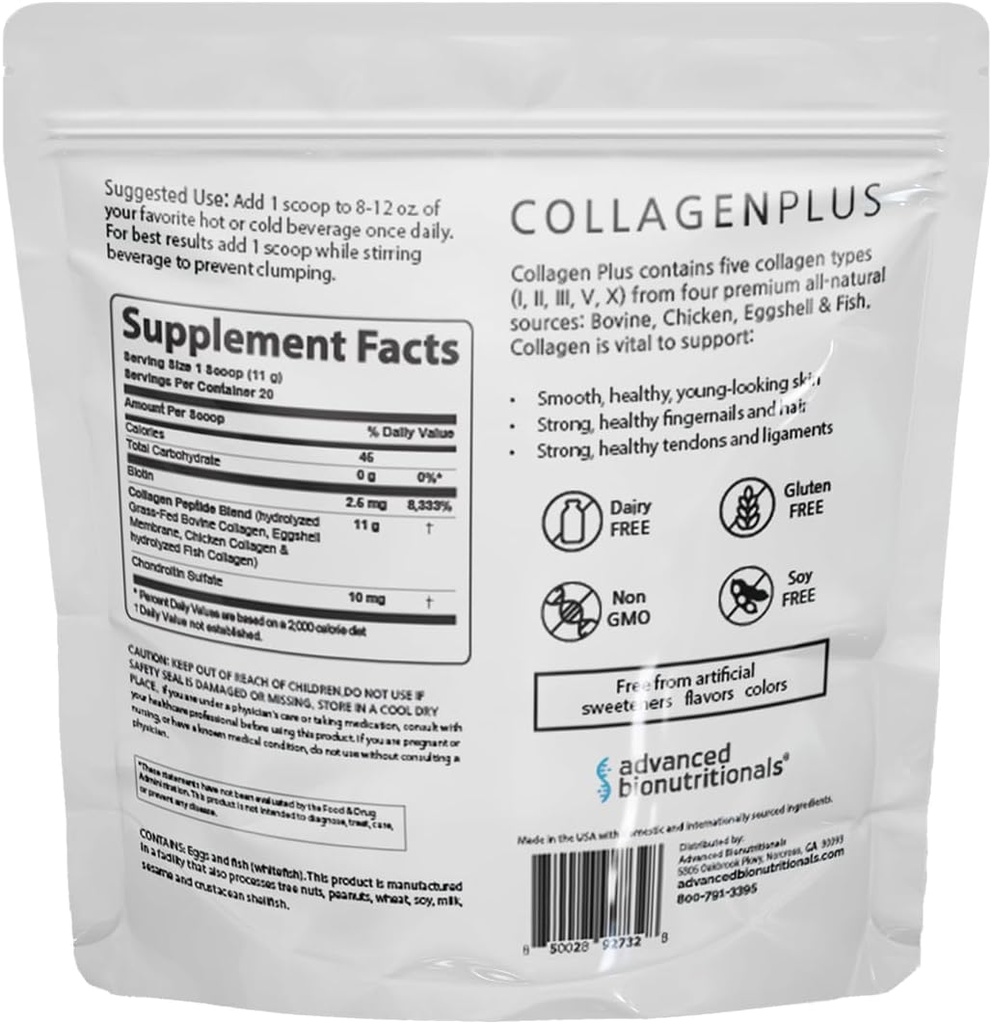 Collagen avanzado más polvo – 5 tipos de colágeno (I, II, III, V, X) con sulfato de biotina y condroitina – soporta la piel, el pelo, las uniones y las uñas – Fórmula de fácil sabor