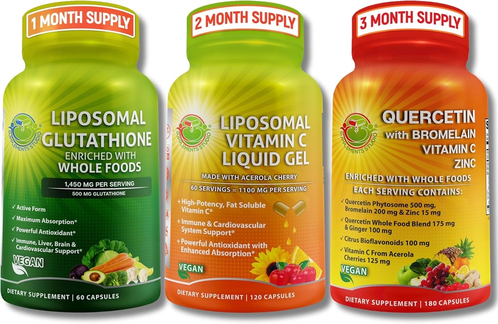 Antioxidante diario Soporte Bundle – Liposomal Vitamina C 1100mg Gel líquido + Liposomal Glutathione 500mg + Quercetina con Bromelaina, Zinc & Whole Food Blend – Non-GMO, Maximum Absorption