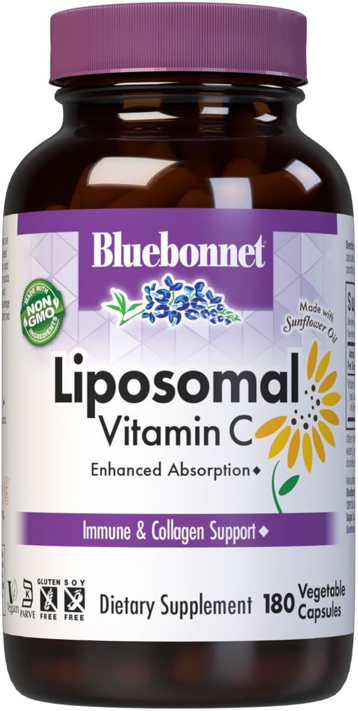 BlueBonnet Nutrition Liposomal Vitamina C 1000 mg, Hecho con aceite de girasol, Immune & Joint Comfort*, Vegan, Kosher, Non-GMO, Sin gluten, Libre de leche sin soja, 180 cápsulas vegetales, 90 piezas