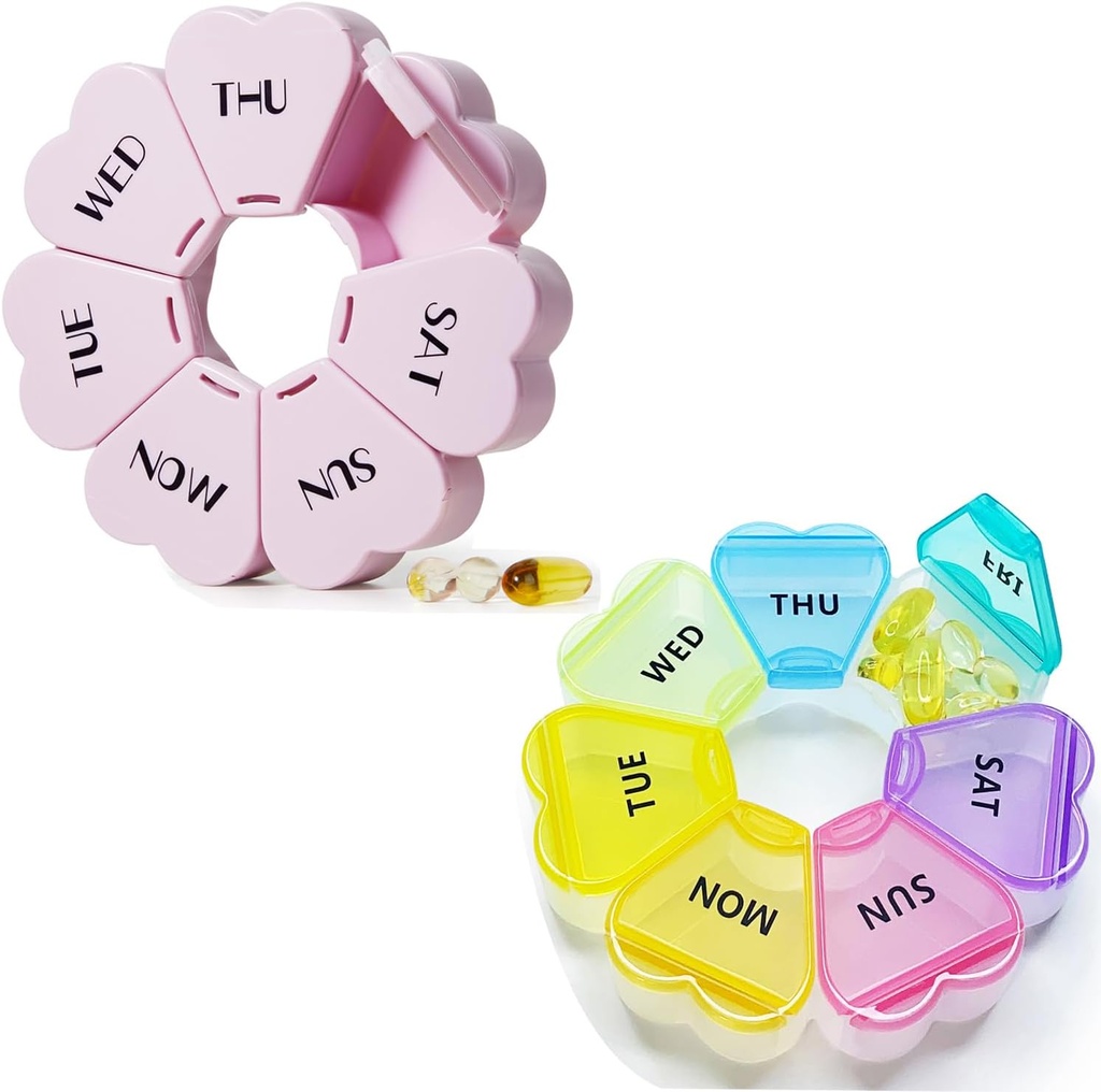 MOLN HYMY Cute semanal Pill Box 7 Day, Heart Shaped Pill Case Organizer 1 vez al día, Purple Pink Pill Container Once Daily, Dispensador de Medicina Grande para Vitamina/Fish Oil/Medication/Supplements