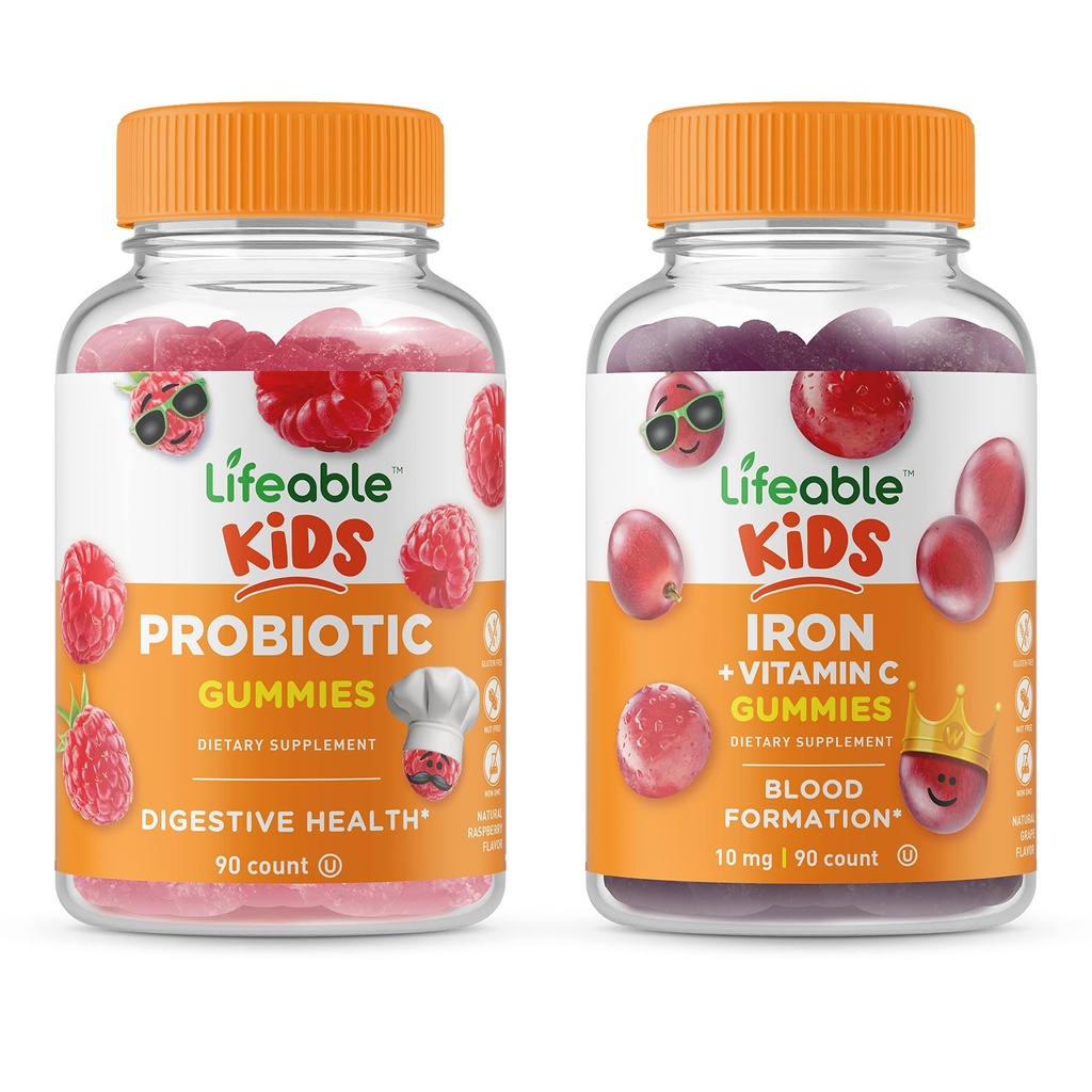 Lifeable Probiotic 2 Billion CFU Kids + Iron & Vitamin C Kids, Gummies Bundle - Great Tasting, Vitamin Supplement, Gluten Free, GMO Free, Chewable Gummy