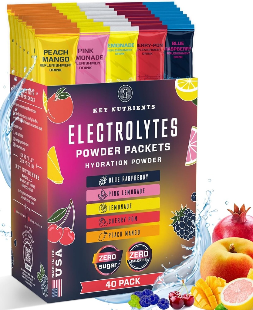 KEY NUTRIENTS 40 Pack Multivitamin Hydration Packets - 5 Delicious Flavors - Electrolytes Powder Packets No Sugar - Sin Calories, Gluten Gratis, Keto - 40 Servings - Made in USA