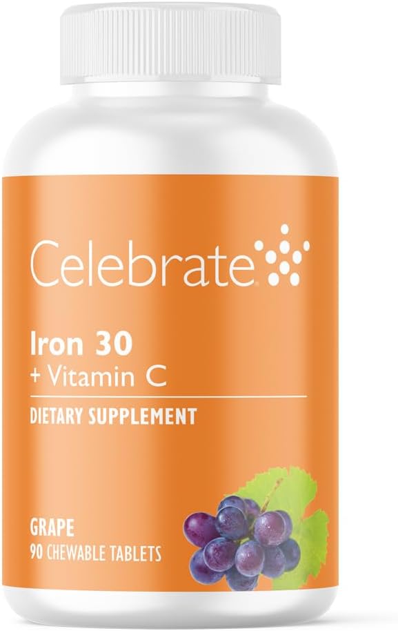 Celebrar vitaminas Suplemento de hierro con vitamina C - 30 mg Hierro, vitamina C de 60 mg, vitaminas barátricas para pacientes de WLS, escledo vertical y cirugía de derivación gástrica - uva, 90 tabletas quijadas