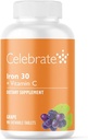 Celebrar vitaminas Suplemento de hierro con vitamina C - 30 mg Hierro, vitamina C de 60 mg, vitaminas barátricas para pacientes de WLS, escledo vertical y cirugía de derivación gástrica - uva, 90 tabletas quijadas