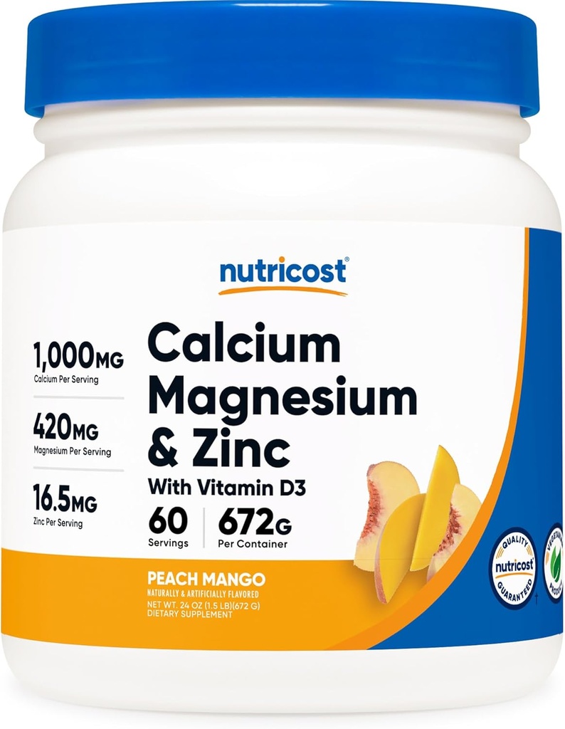 Nutricost Calcium Magnesium Zinc with Vitamin D3 Powder, 60 Servings (Peach Mango) - Calcium (1000 MG) Magnesium (420 MG) Zinc (16.5 MG) Vitamina D3 (30 MCG) - Gluten Free, Non-GMO