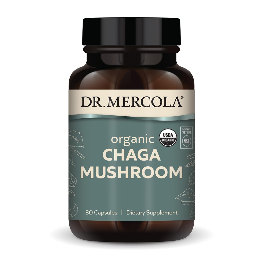 Dr. Mercola Organic Chaga Mushroom, 30 Servings (30 Tablets), Suplemento dietético, Apoyos Función sana de la inmunidad, No GMO, Certificado USDA Orgánico, NSF Contenido certificado