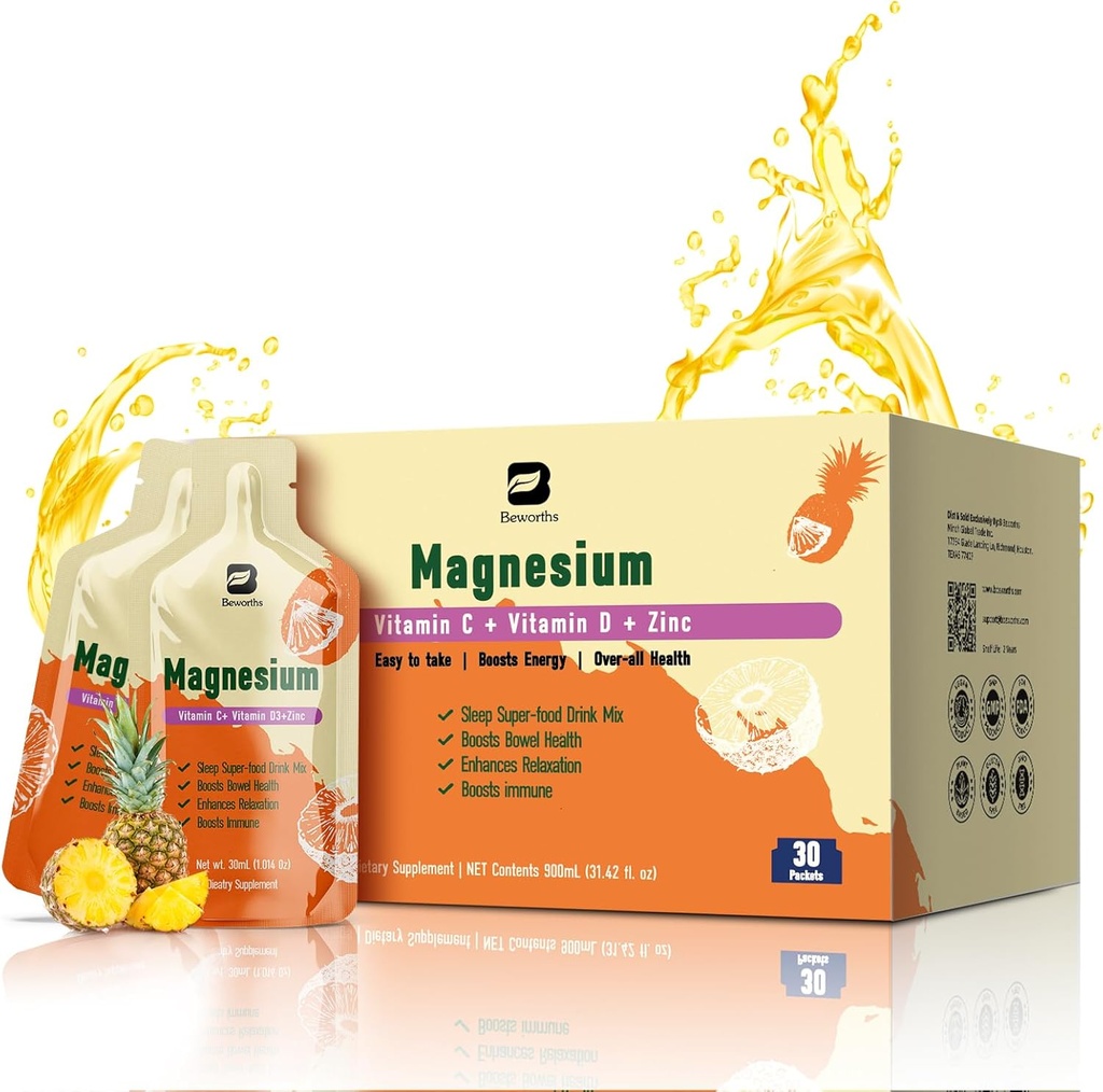 Citrato de magnesio Suplemento líquido 280 mg con bromelaina, Vitamina C, D3, B6, Zinc, Alta Absorción Bebida de Citrato de Magnesio para el estreñimiento, Zzz & Energy