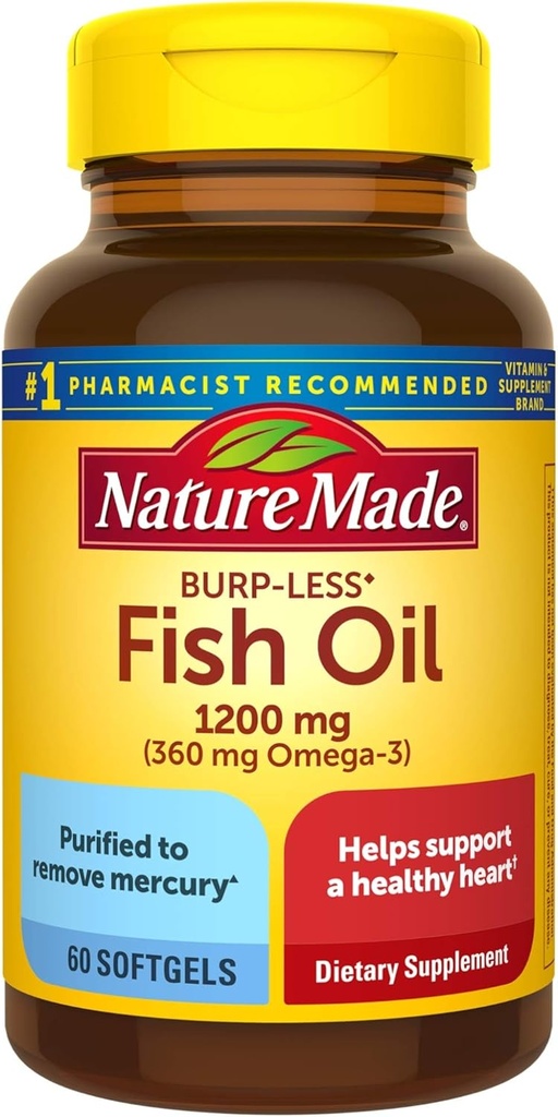 Nature Made Burp-Less Fish Oil 1200 mg, 60 Softgels, Fish Oil Omega 3 Suplemento para la salud cardíaca (Pack of 3)