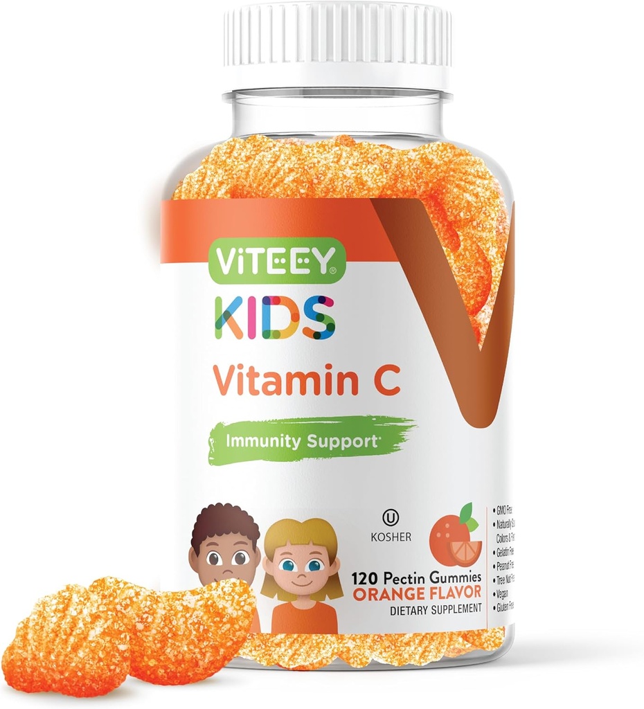 Viteey Kids Vitamin C Gummies - Immune Support for Kids, Toddlers, & Teens - Vegan, Gelatin Free, Gluten Free, GMO Free - Tasty Chewable Orange Flavored Immunity Gummy