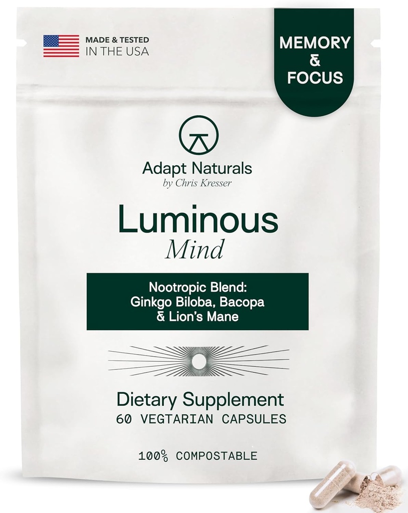 Adaptación Naturales Mente Luminosa Suplemento Nootropic Cerebro con Ginkgo Biloba, Bacopa y Lions Mane TENIDO Memoria, Enfoque, Claridad Mental y Apoyo al Mood Elevado.