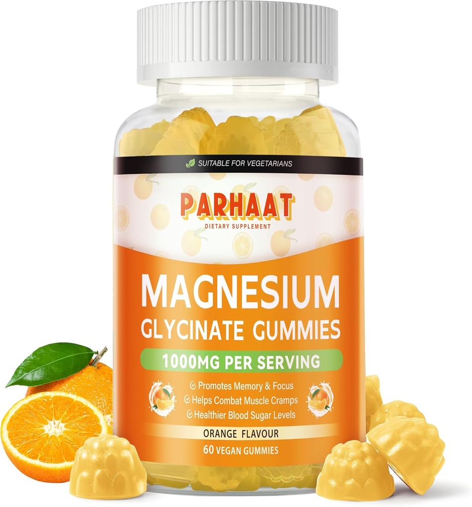 Magnesio Glycinate Gummies 1000mg - Suplemento de Potasio de Magnesio Libre de Azúcar con Vitamina D, B6, CoQ10 para calma Mood & Sleep Support - 60 Orange Gummies