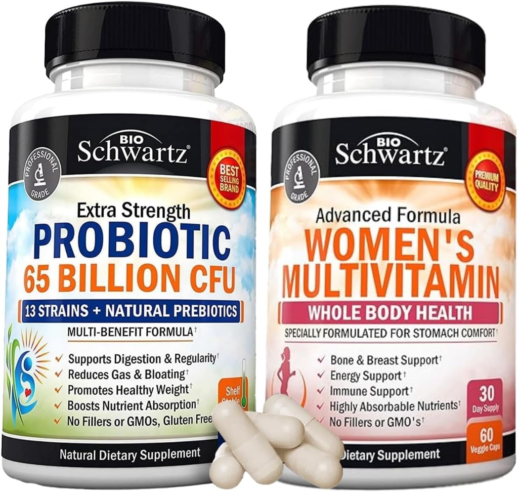 Multivitamina diaria para las mujeres capsules (1 mes de suministro) más 65 millones de dólares de suplemento probiótico diario CFU (1 mes de suministro)