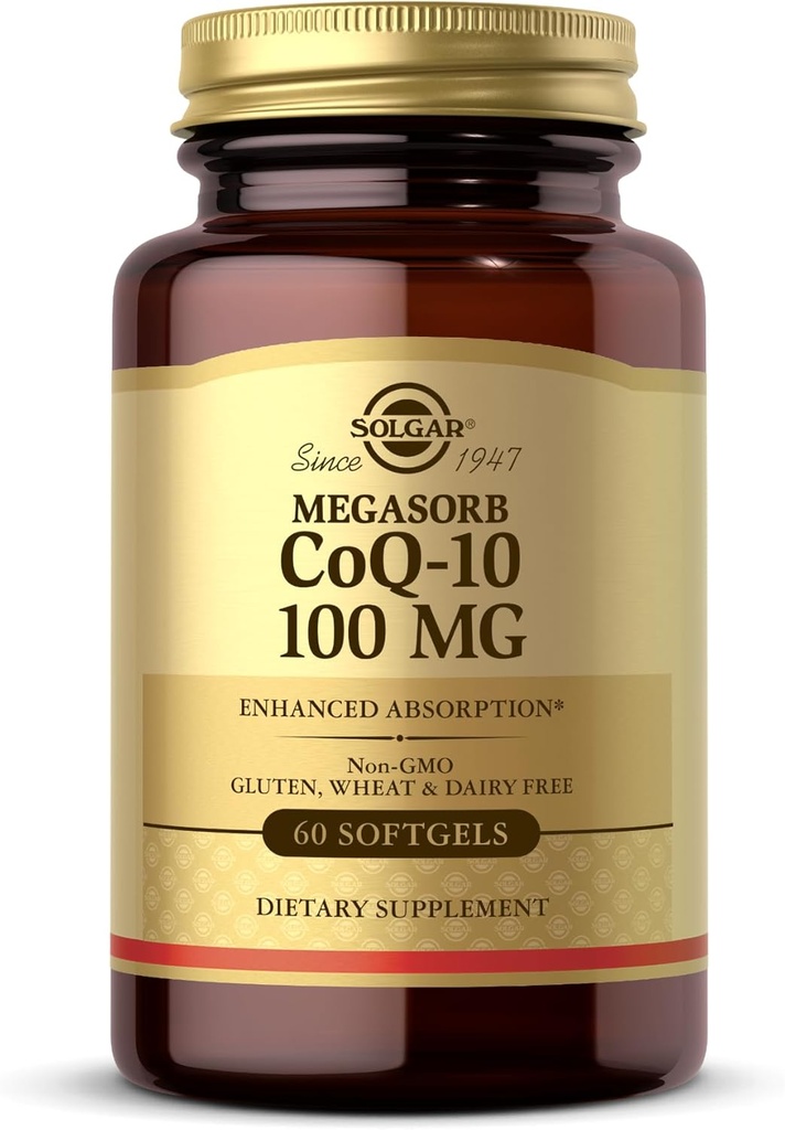 Solgar Megasorb CoQ-10 100 mg, 60 Softgels - Supports Healthy Aging - Coenzyme Q10 Suplemento - Ausorción mejorada - No GMO, Gluten Free, Dairy Free - 60 Servings