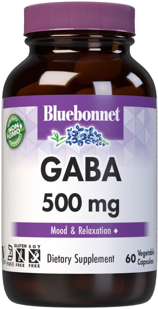 BlueBonnet Nutrition GABA 500mg, for Stress Relief*, Supports Relaxation*, Kosher, Vegan, Gluten-Free, Soy-Free, Non-GMO, 60 Vegetable Capsules, 60 Servidores