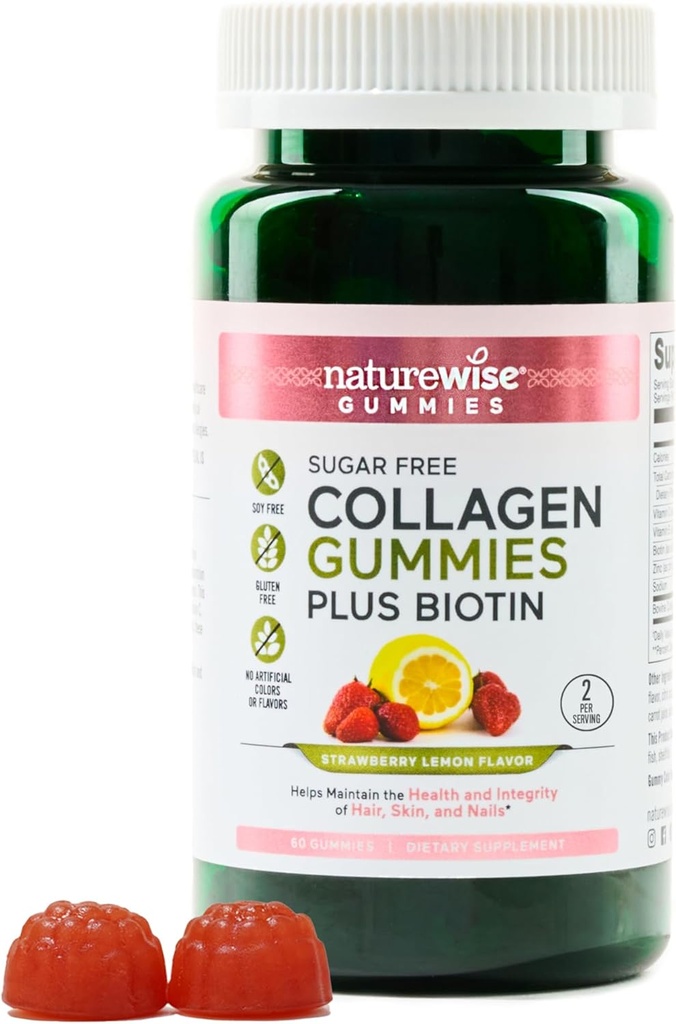 NatureWise Collagen Gummies - Colagen Gummies sin azúcar - Tipo 1 & 3 Peptides para Mujeres + Biotina, Vitamina C, E, Zinc for Hair Skin and Nails Support - 60 Conde[1-Month Supply]